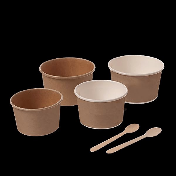 Runde Schalen aus Kraftpapier mit Holzlöffeln