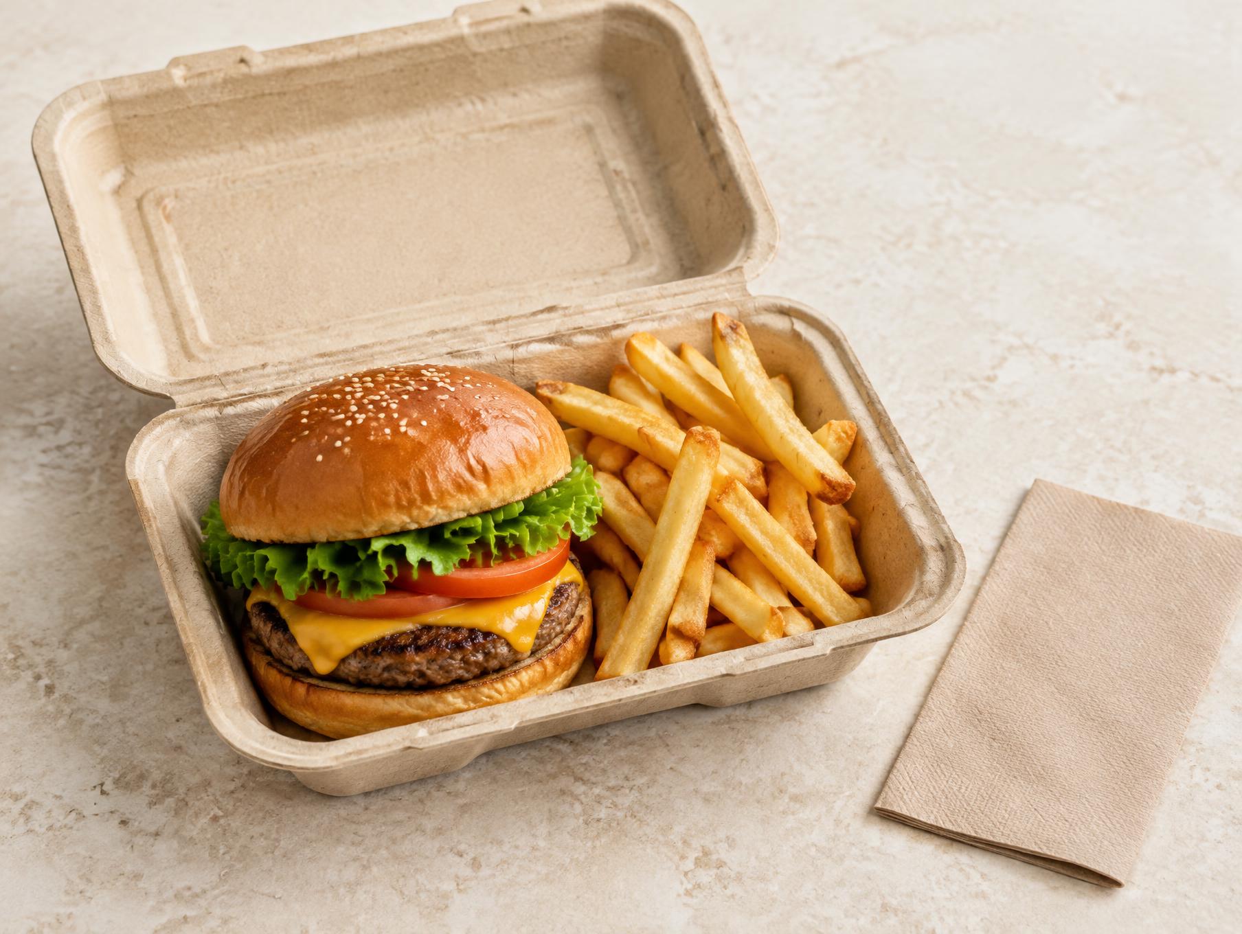 Bagassebox mit Burger und Pommes