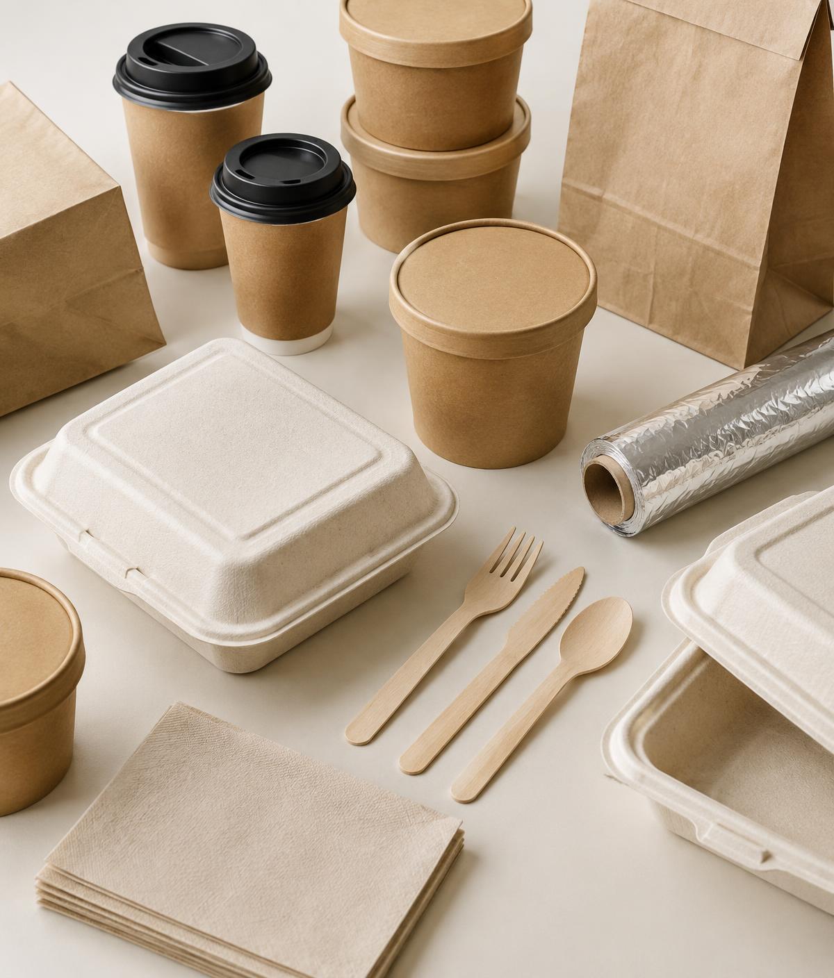 Gastroverpackungen: Bagasseboxen, Suppenbecher, Kaffeebecher, Holzbesteck, Alufolie und Papiertüten