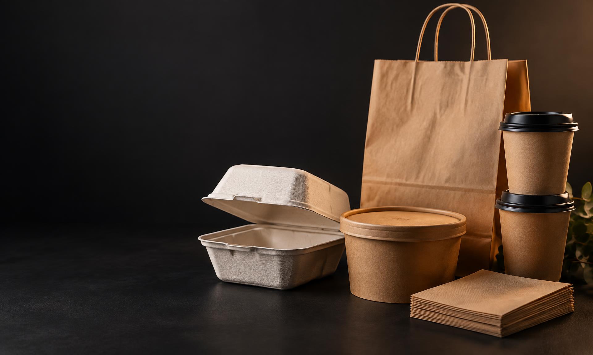 Bagassebox, Suppenschale, Kaffeebecher, Papiertragetasche und Servietten